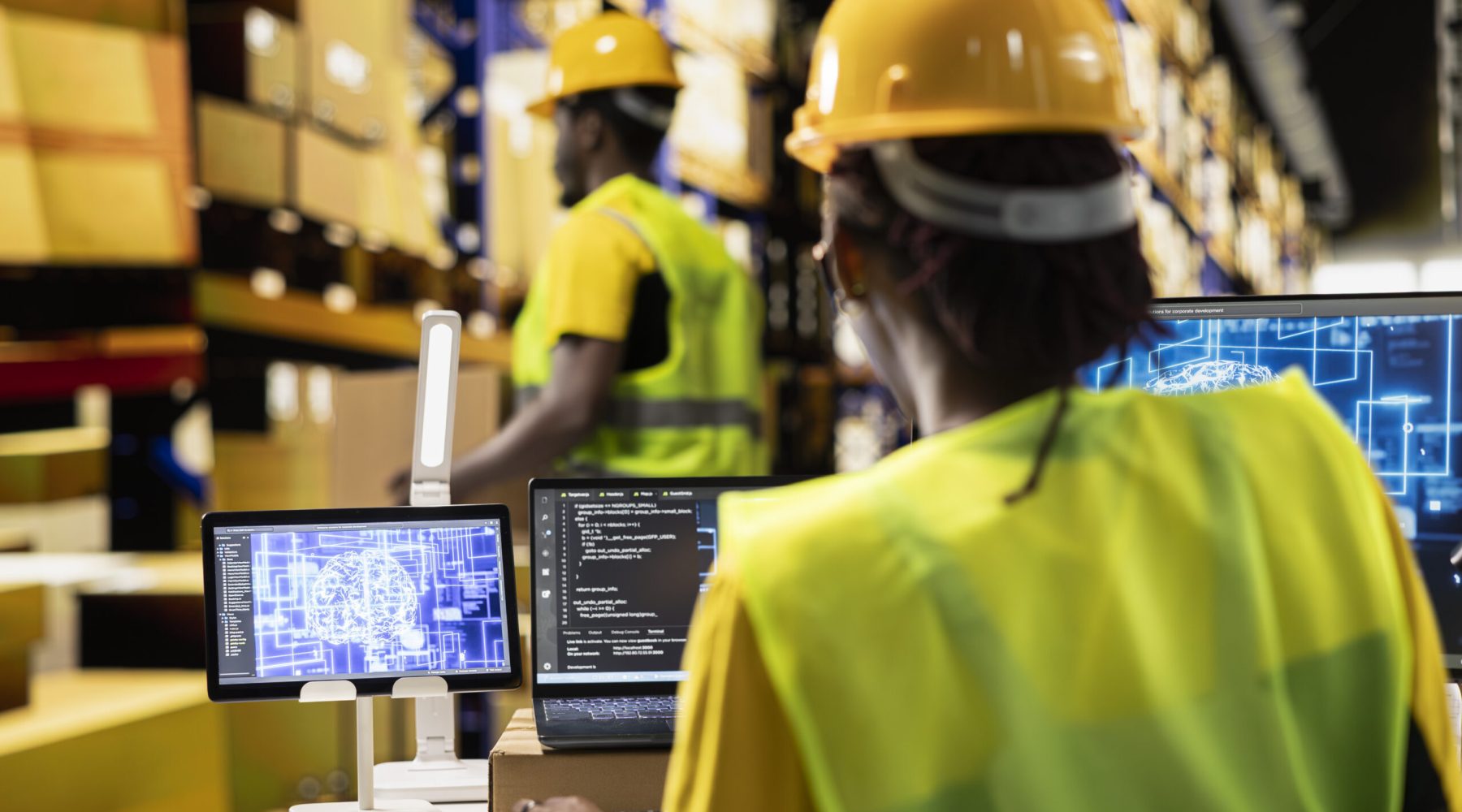 Female warehouse staff overseeing order fulfillment with AI brain support, working on e-commerce in industrial warehouse with huge racks. Artificial intelligence neural networks on screens.